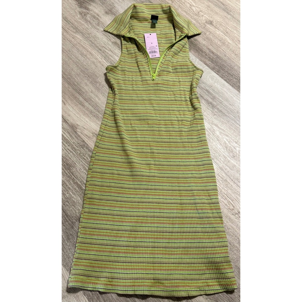 Wild Fable Women S Lime Green Striped Ribbed Sleeveless Quarter Zip Mini Dress